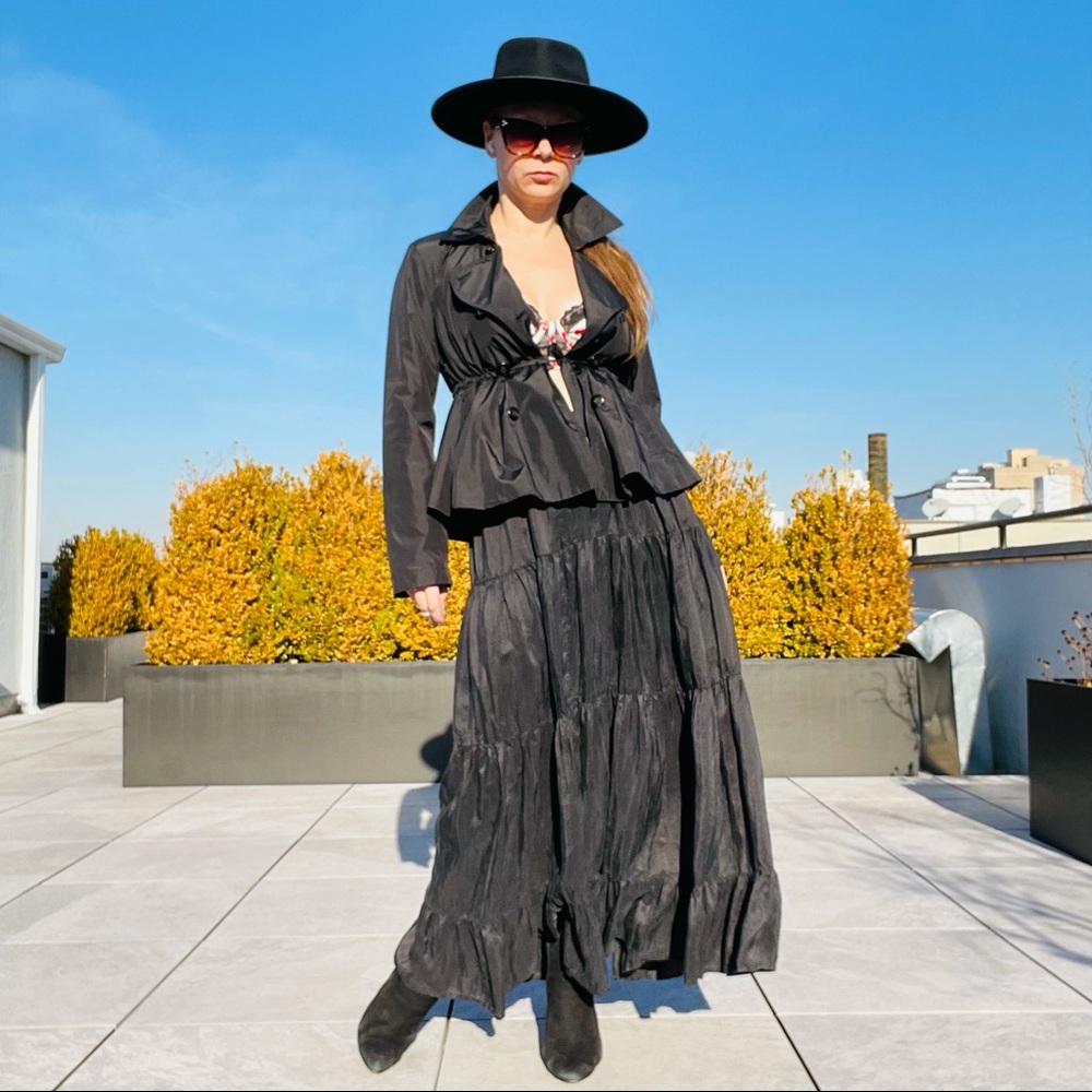 DIALOGUE 100% Silk Layered Tiered Elastic Waistband Maxi Black Full Circle Skirt - Picture 15 of 17